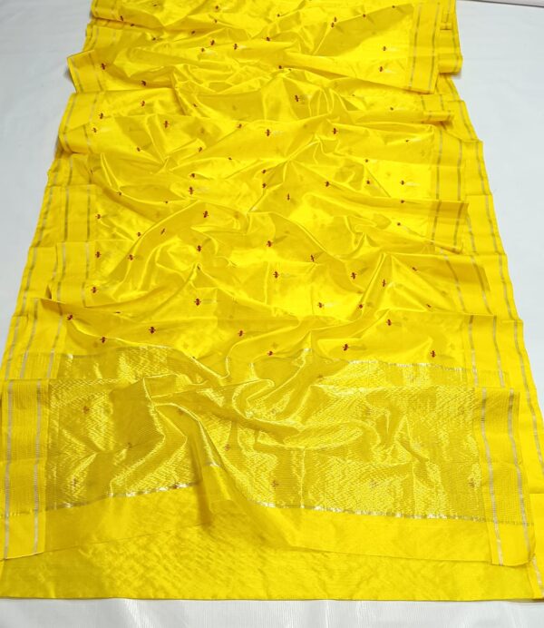 Turmeric Yellow Chanderi Handloom Pure Pattu Silk Contemporary Striped Saree with Meenakari Buttas