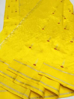 Turmeric Yellow Chanderi Handloom Pure Pattu Silk Contemporary Striped Saree with Meenakari Buttas