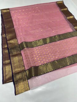 Beige and Navy Blue Chanderi Handloom Pure Katan Silk Gold Zari Nakshi Borders Saree