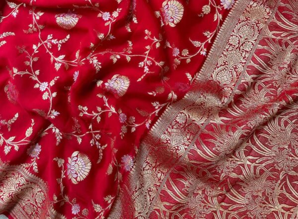 Silk Mark Certified Red Banarasi Khaddi Handloom Pure Georgette Silk 3D Sona Rupa Zari Saree