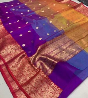 Multicolor Chanderi Handloom Pure Katan Silk Gold Zari Buttas and Nakshi Borders Contemporary Saree