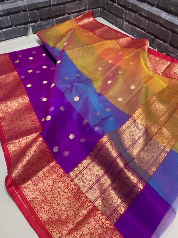Multicolor Chanderi Handloom Pure Katan Silk Gold Zari Buttas and Nakshi Borders Contemporary Saree