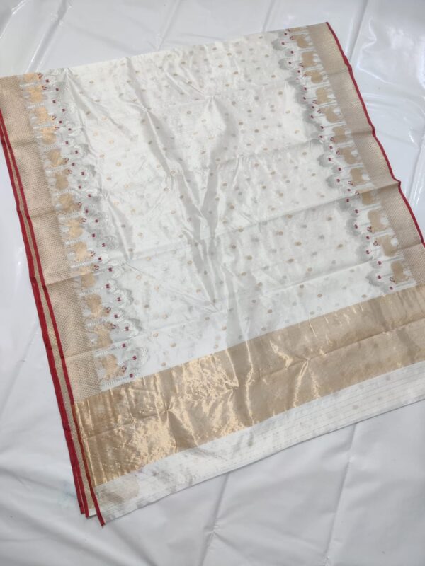 Pearl White and Red Chanderi Handloom Pure Pattu Silk Gold and Silver Zari Gowardhan Cow Handwork Borders Saree