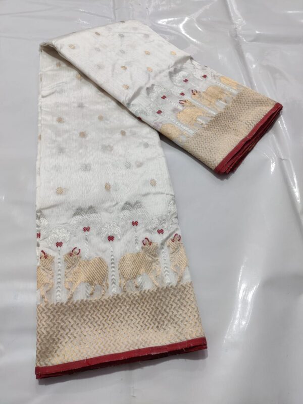 Pearl White and Red Chanderi Handloom Pure Pattu Silk Gold and Silver Zari Gowardhan Cow Handwork Borders Saree