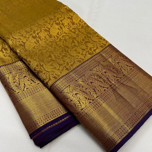 Silk Mark Certified Gold and Purple Kanchipuram/Kanjivaram Handloom Pure 1G Gold Zari Vanasingaram Bridal Silk Saree