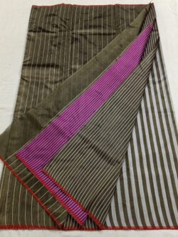 Military Green and Magenta Chanderi Handloom Contemporary Horizontal Striped Pure Pattu Silk Saree