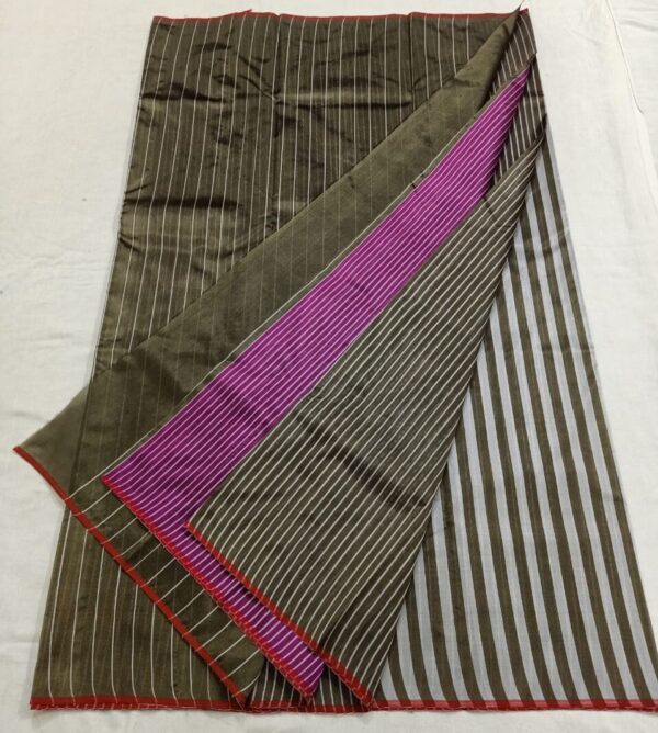 Military Green and Magenta Chanderi Handloom Contemporary Horizontal Striped Pure Pattu Silk Saree