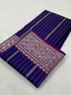 Purple Contemporary Chanderi Handloom Silver Zari Vertical Stripes Nakshi Meenakari Borders and Pallu Pattu Silk Saree