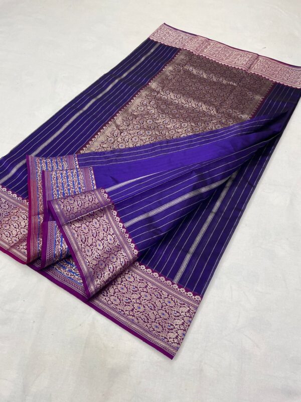 Purple Contemporary Chanderi Handloom Silver Zari Vertical Stripes Nakshi Meenakari Borders and Pallu Pattu Silk Saree