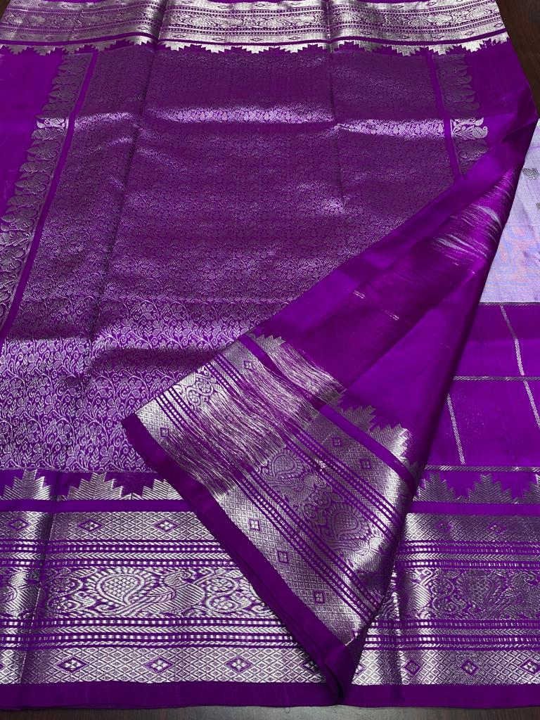 Lavender and Purple Venkatagiri Handloom Silver Zari Traditional Buttas Pattu Silk Saree