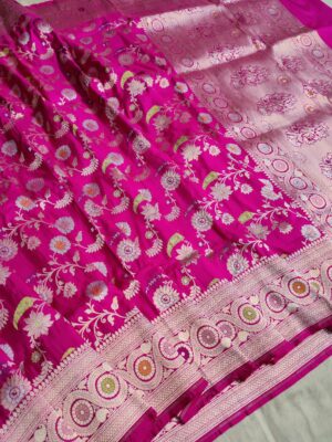 Silk Mark Certified Hot Pink Dual Tone Banarasi Handloom Pure Katan Silk Meenakari Jangla Cutwork Sona Rupa Zari Saree