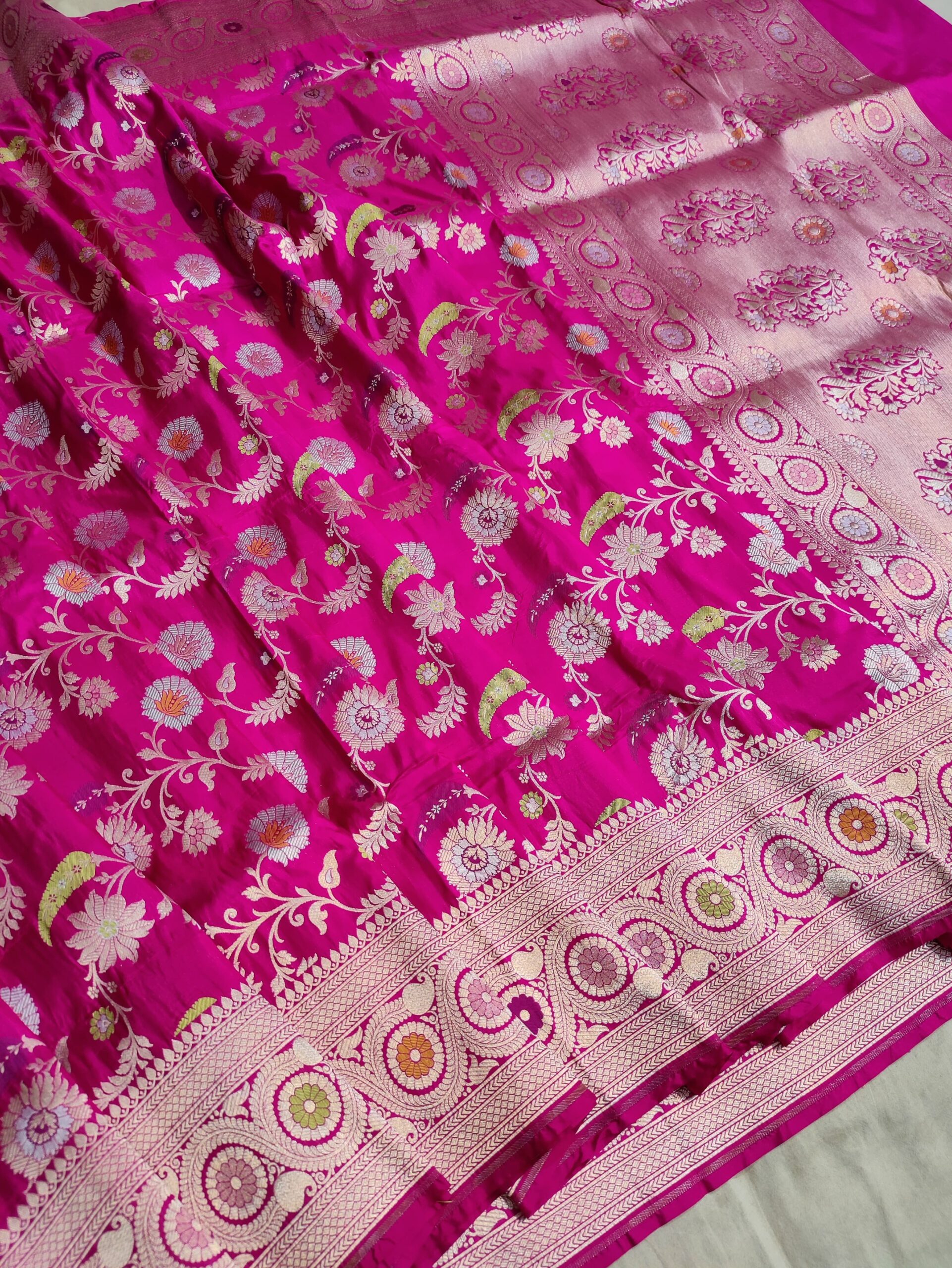 Silk Mark Certified Hot Pink Dual Tone Banarasi Handloom Pure Katan Silk Meenakari Jangla Cutwork Sona Rupa Zari Saree