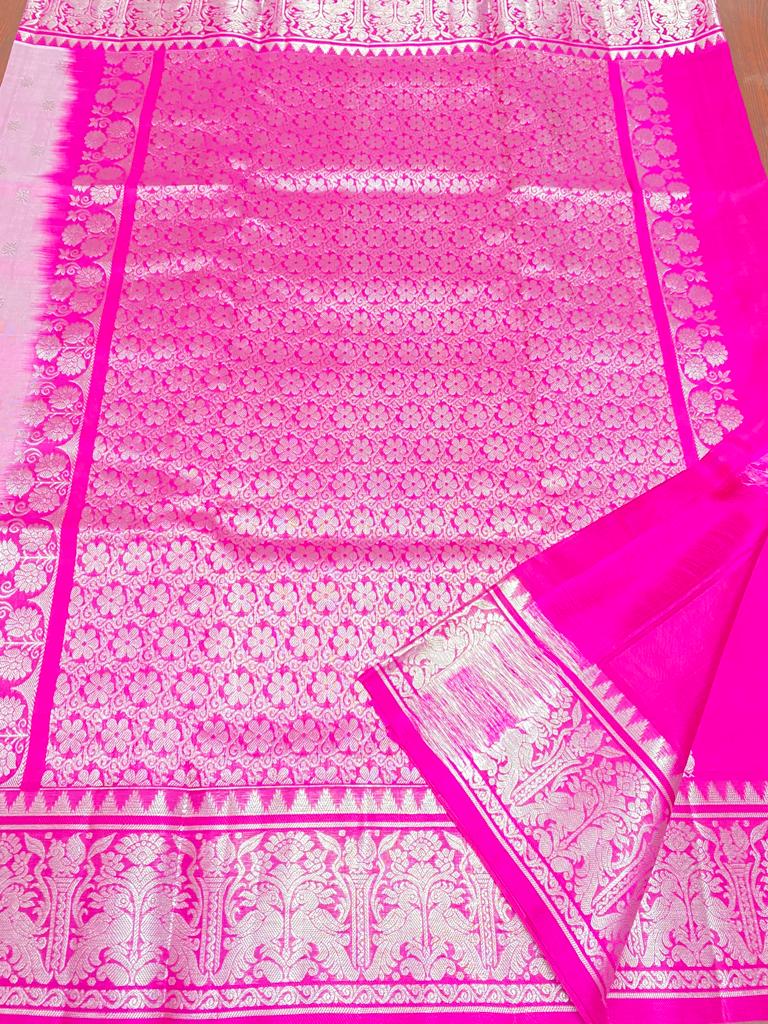Blush Pink and Fusia Venkatagiri Handloom Silver Zari Peacock Buttas Pattu Silk Saree