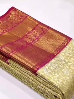 Pastel Lemon and Red Kanchipuram/Kanjivaram Handloom Tissue Meenakari Brocade Silk Saree