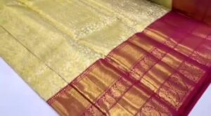 Pastel Lemon and Red Kanchipuram/Kanjivaram Handloom Tissue Meenakari Brocade Silk Saree
