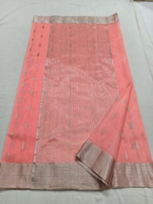 Peach Chanderi Handloom Pure Katan Silk Saree with Silver Zari Buttas and Borders