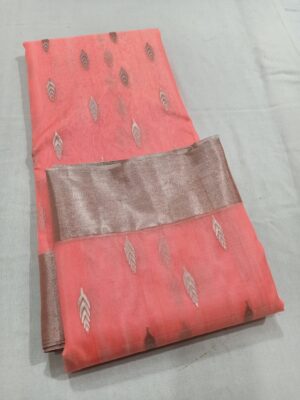 Peach Chanderi Handloom Pure Katan Silk Saree with Silver Zari Buttas and Borders