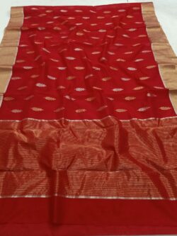 Carmine Red Chanderi Handloom Pure Cotton Silk Gold and Silver Zari Buttas and Borders Saree