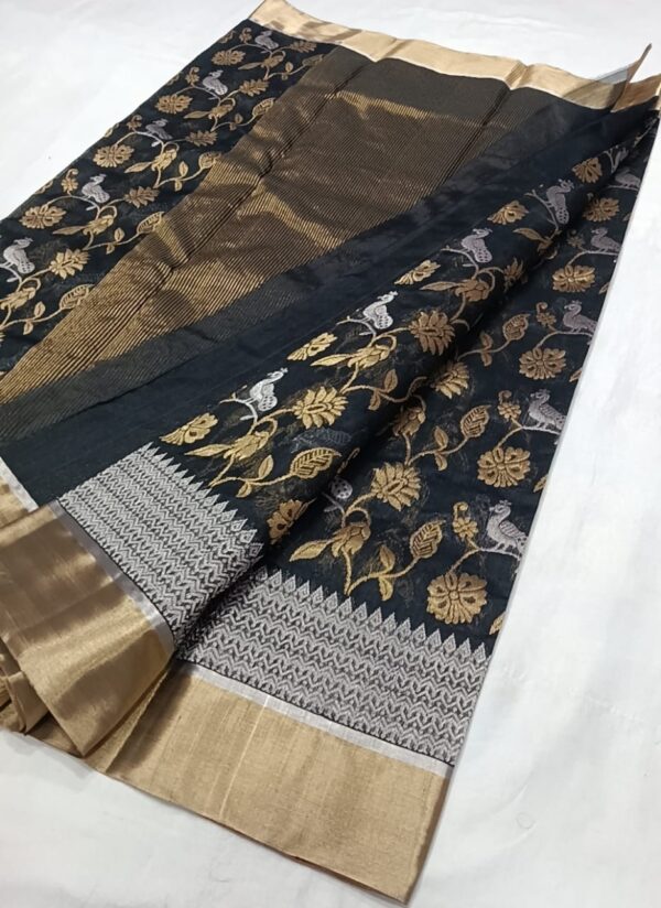 Black Chanderi Handloom Pure Pattu Silk Silver and Gold Zari Meenakari Jaal Handwork Borders Saree