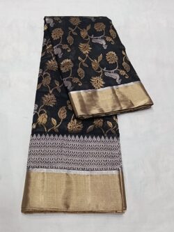 Black Chanderi Handloom Pure Pattu Silk Silver and Gold Zari Meenakari Jaal Handwork Borders Saree