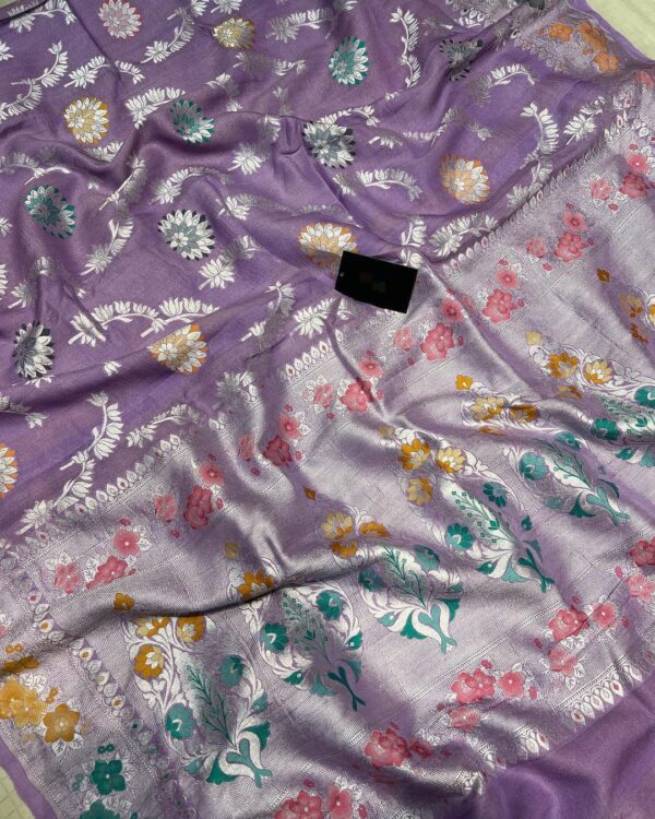 French Lilac Banarasi Handloom Khaddi 3D Dyable Georgette Tusser Silk Meenakari Weaving Saree
