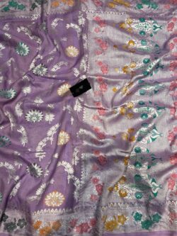 French Lilac Banarasi Handloom Khaddi 3D Dyable Georgette Tusser Silk Meenakari Weaving Saree