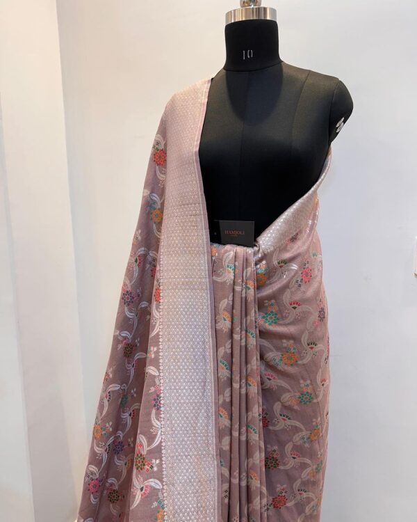 Pinkish Beige Banarasi Handloom Khaddi 3D Dyable Georgette Tusser Silk Meenakari Weaving Saree
