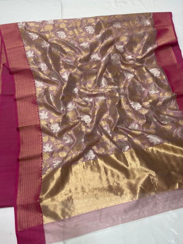 Pinkish Beige Chanderi Handloom Pure Pattu Silk Jungle Design Meenakari Jaal Saree