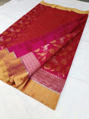 Hot Pink Chanderi Handloom Pure Pattu Silk Silver and Gold Zari Meenakari Jaal Handwork Borders Saree