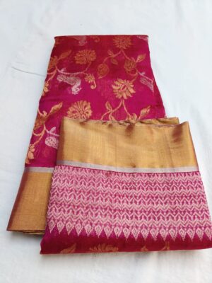 Hot Pink Chanderi Handloom Pure Pattu Silk Silver and Gold Zari Meenakari Jaal Handwork Borders Saree