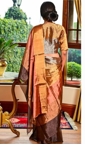 Gold, Silver, Copper Chanderi Handloom Pure Tissue Silk Horizontally Sectioned Contemporary Saree