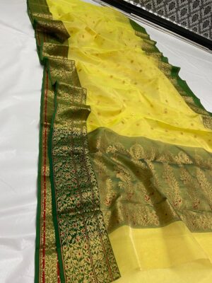 Lemon Yellow & Green Chanderi Handloom Pure Katan Tissue Silk Meenakari Buttas and Meenakari Nakshi Borders Saree
