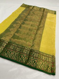 Lemon Yellow & Green Chanderi Handloom Pure Katan Tissue Silk Meenakari Buttas and Meenakari Nakshi Borders Saree