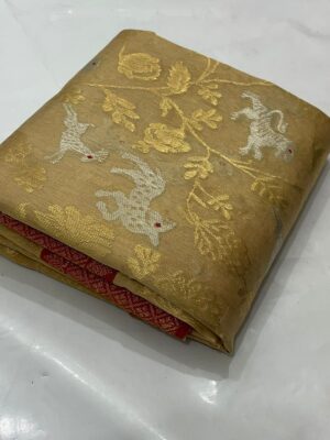 Gold and Red Chanderi Handloom Pure Pattu Silk Silver and Gold Zari Meenakari Jaal Handwork Borders Saree