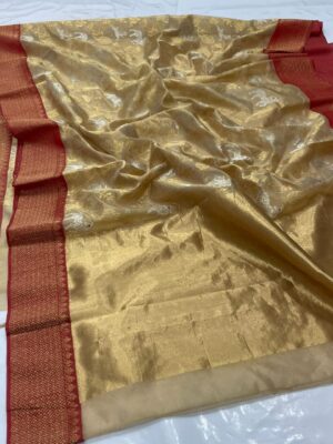 Gold and Red Chanderi Handloom Pure Pattu Silk Silver and Gold Zari Meenakari Jaal Handwork Borders Saree