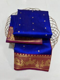 Azure Blue and Red Chanderi Handloom Pure Pattu Silk Gold Zari Wedding Scene Nakshi Borders Saree