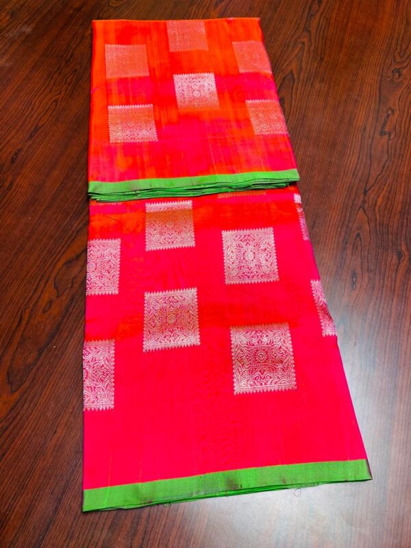 Rose Red and Green Venkatagiri Handloom Silver Zari Buttas Borderless Contemporary Pattu Silk Saree