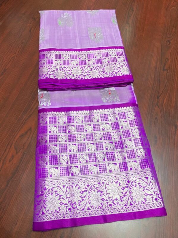 Lilac and Purple Venkatagiri Handloom Silver Zari Peacock and Elephant Handwork Borders Pattu Silk Saree