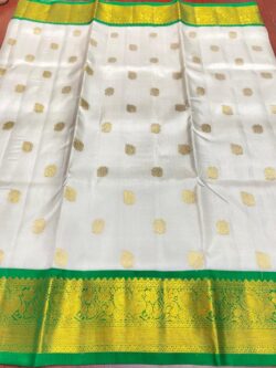 Pearl White and Green Venkatagiri Handloom Gold Zari Buttas Traditional Borders Pattu Silk Saree