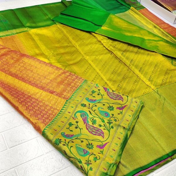 Kanchipuram/Kanjivaram Pure Handloom Tissue Brocade Paithani Borders Silk Sarees
