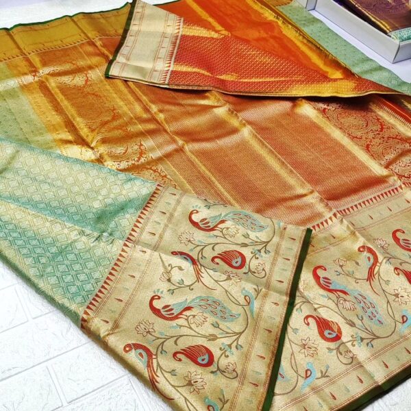 Kanchipuram/Kanjivaram Pure Handloom Tissue Brocade Paithani Borders Silk Sarees