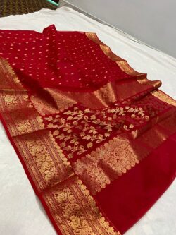 Red Chanderi Handloom Pure Katan Silk Gold Zari Buttas Nakshi Borders Saree