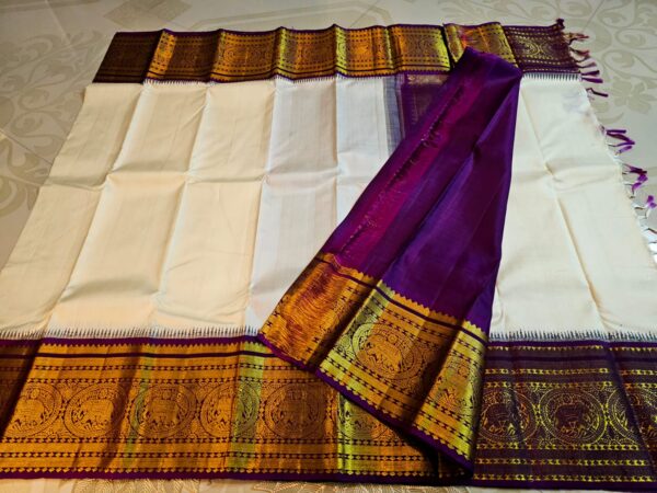 Vintage Revivals Pearl White and Purple Kanchipuram Handloom Traditional Pure Zari Korvai Border & Pallu Pure Silk Saree