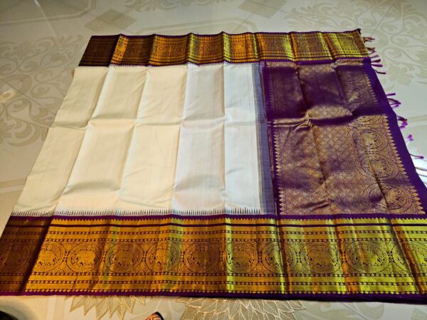 Vintage Revivals Pearl White and Purple Kanchipuram Handloom Traditional Pure Zari Korvai Border & Pallu Pure Silk Saree
