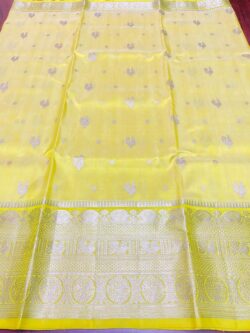 Corn Yellow Venkatagiri Handloom Silver Zari Bird Buttas and Borders Pattu Silk Saree