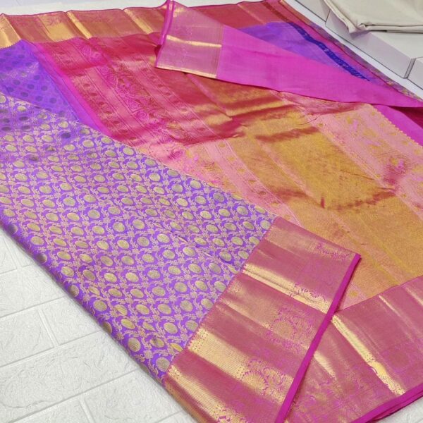 Purple and Fuchsia Kanchipuram/Kanjivaram Handloom Gold Zari Meenakari Brocade Bridal Silk Saree