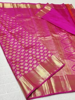 Rani Pink Kanchipuram/Kanjivaram Handloom Gold Zari Meenakari Brocade Bridal Silk Saree
