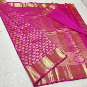Rani Pink Kanchipuram/Kanjivaram Handloom Gold Zari Meenakari Brocade Bridal Silk Saree