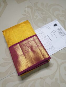 Gold and Purple Kanchipuram Handloom 2 Gram Pure Zari Self Zari Korvai Borders & Pallu Pattu Silk Saree