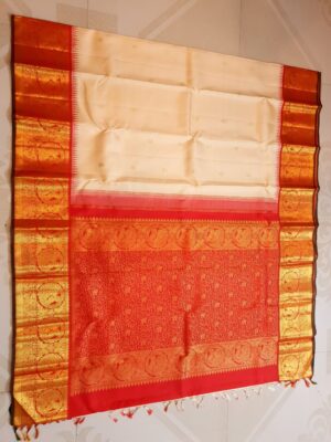 Baby Shower Beige and Red Kanchipuram Handloom 1 Gram Pure Zari Buttas Grand Pallu Pattu Silk Saree